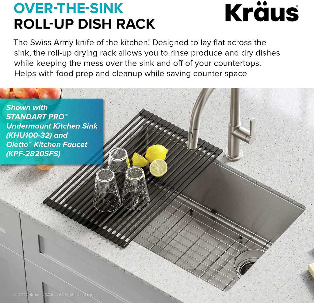 Kraus Multipurpose Over-Sink Roll-Up Dish Drying Rack, Colander and Trivet in Dark Grey, KRM-10DG - view 3