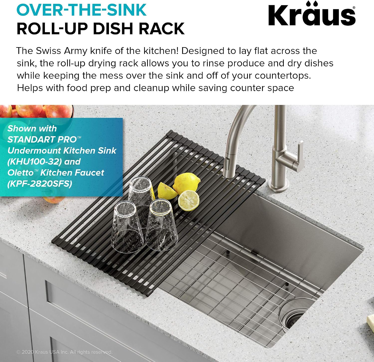 Kraus Multipurpose Over-Sink Roll-Up Dish Drying Rack, Colander and Trivet in Dark Grey, KRM-10DG - view 3
