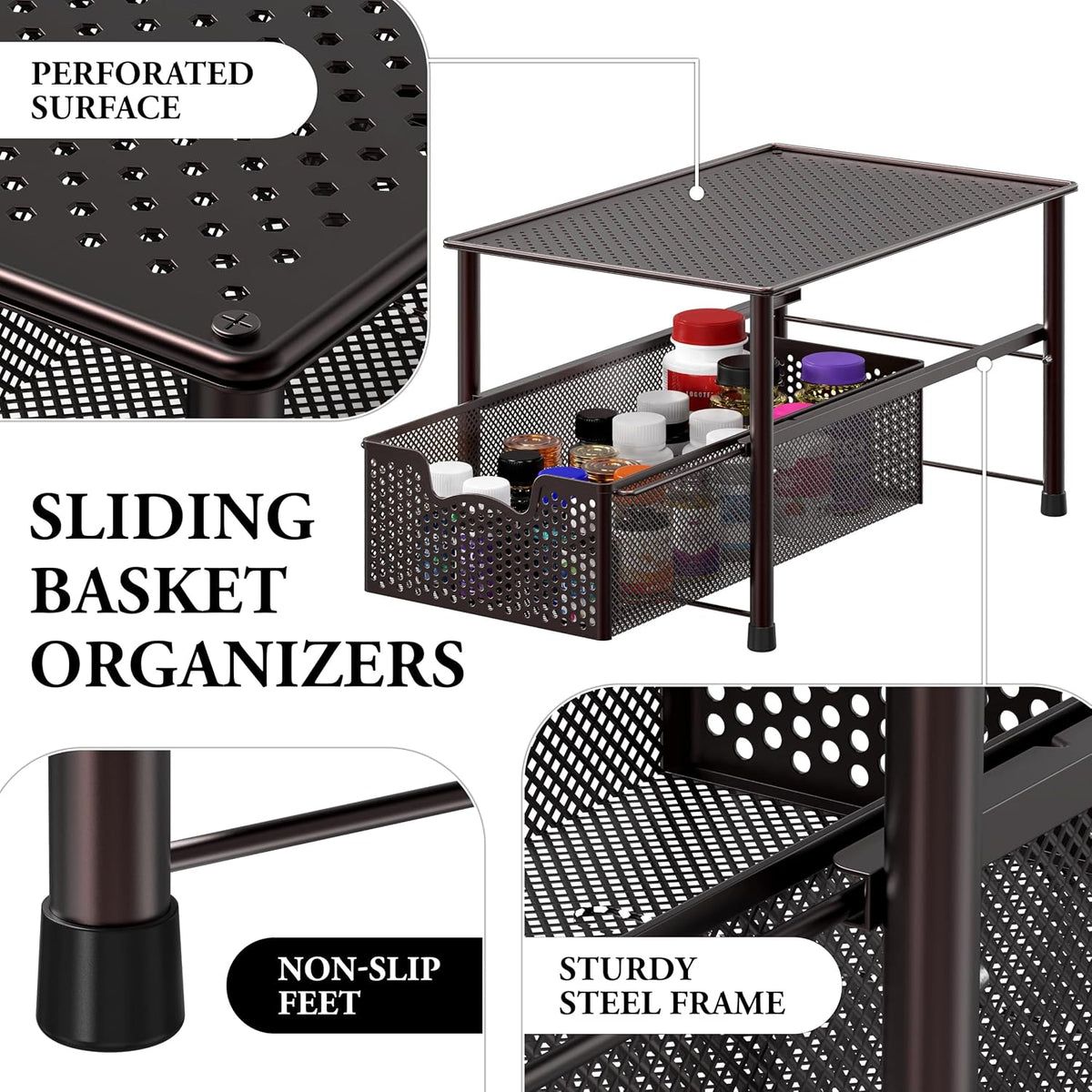 Stackable Under Sink Sliding Basket Drawer, Brown | Perforated Free Standing Organizer, Kitchen/Pantry/Cabinet/Counter - view 4