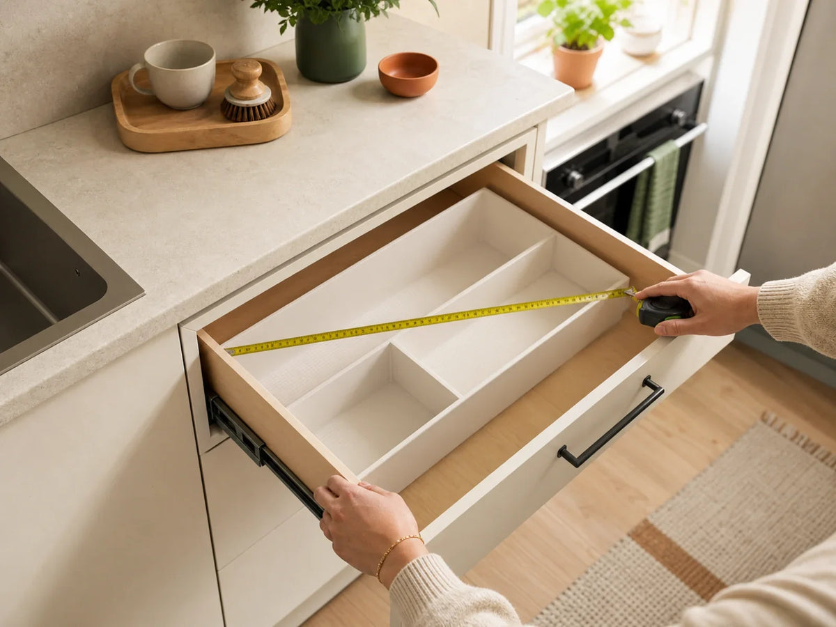 Hands measuring the width of a drawer organizer in a compact kitchen