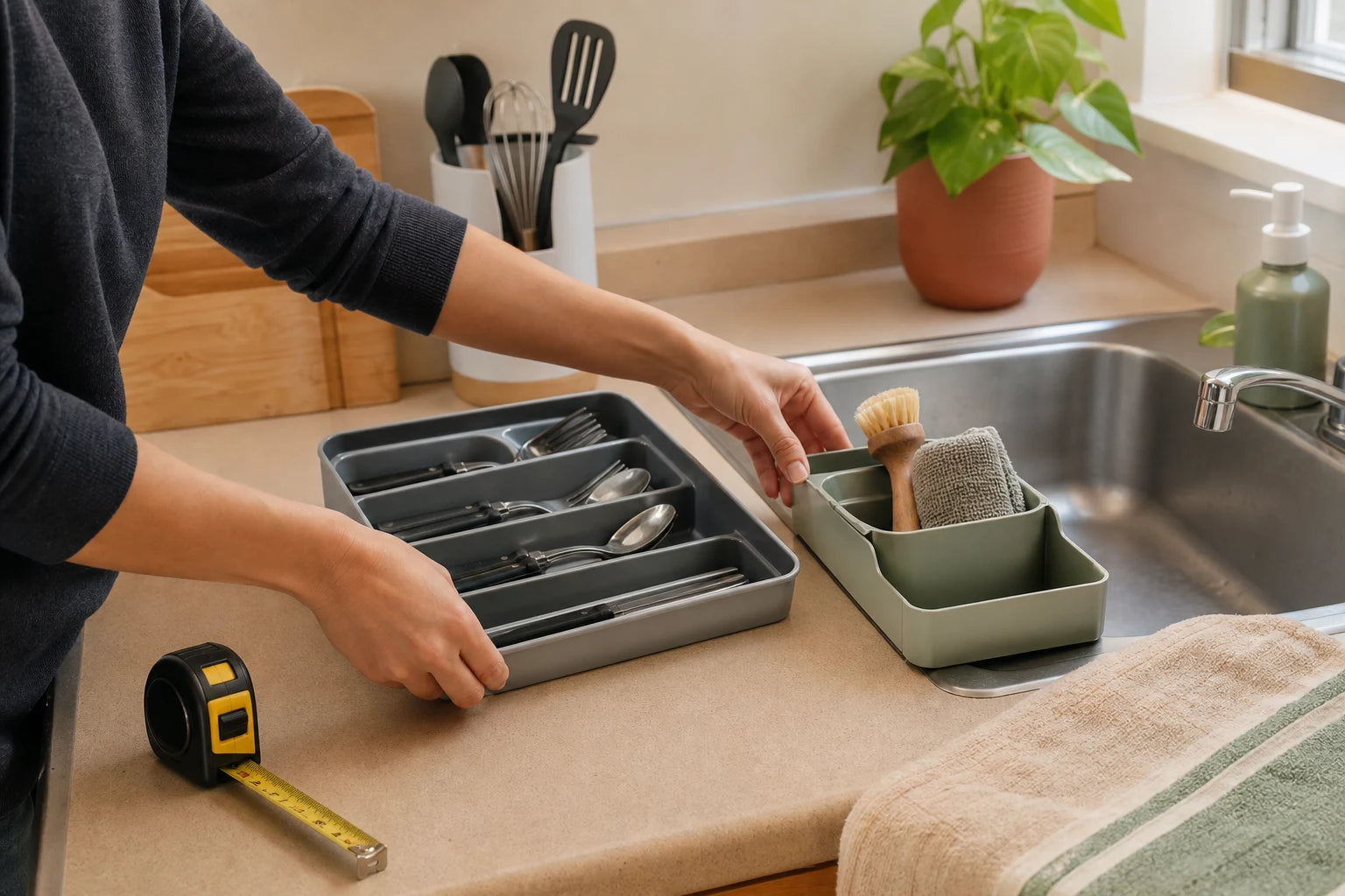 Hands measuring and arranging compact kitchen organizers beside a small apartment sink.
